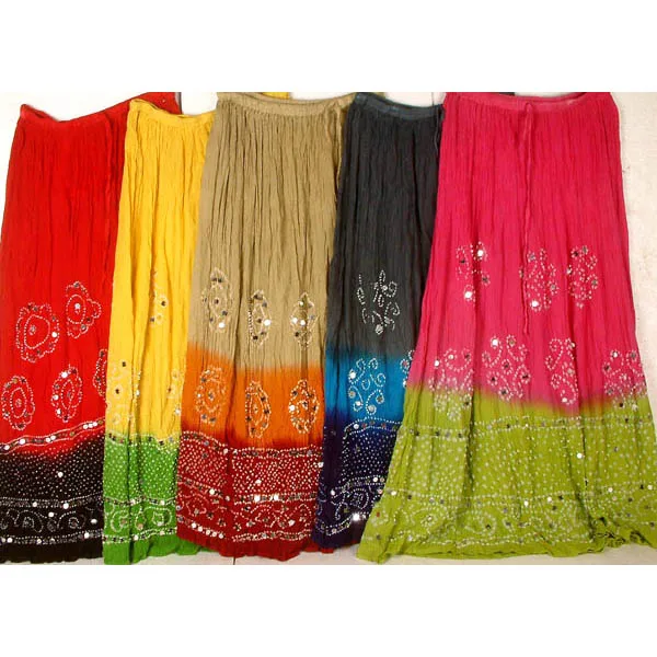 Wholesale Lot Bohemian Tie Die Cotton Indian Gypsy Long Skirts, Indian Mirror Work Bhandani Skirts For Woman