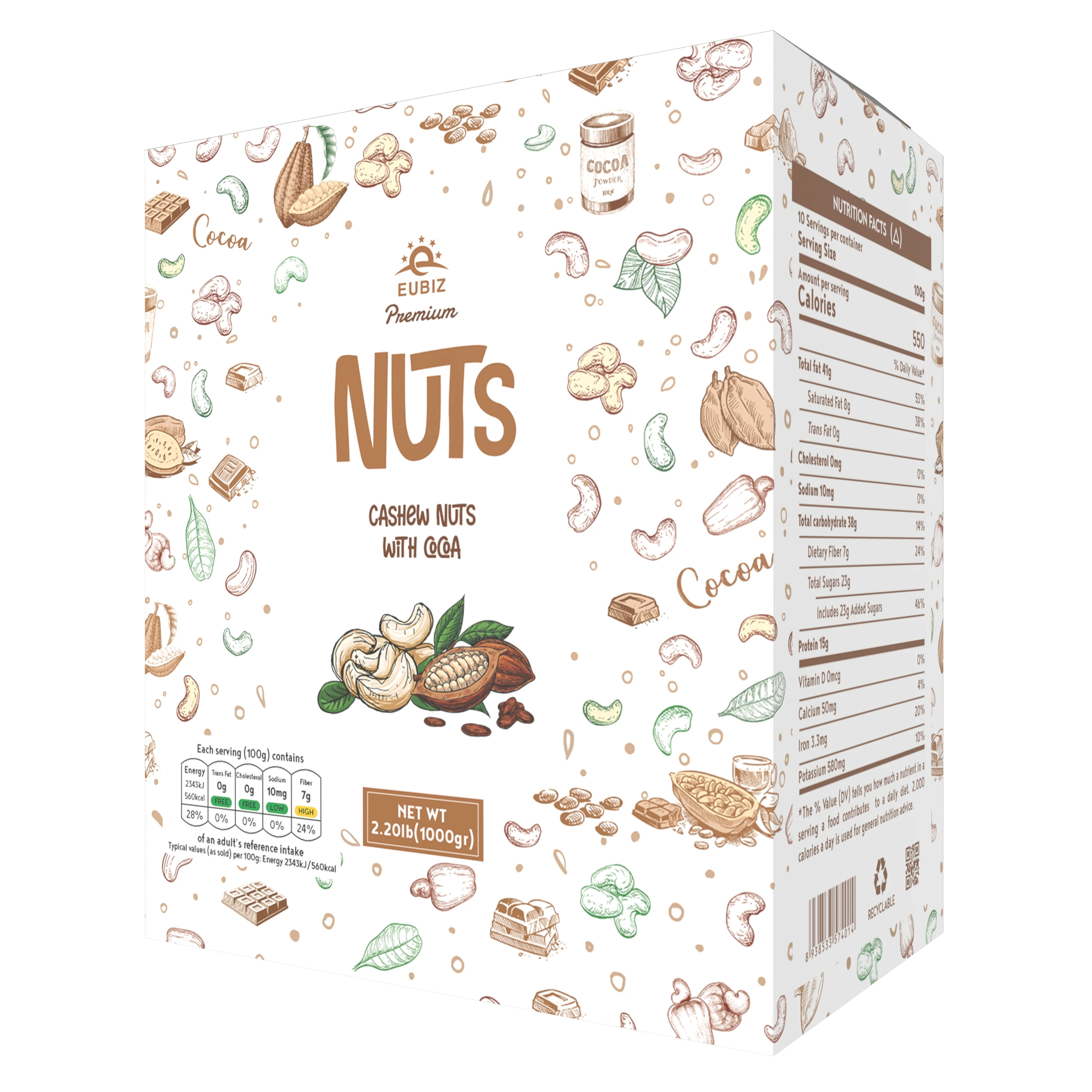 Whole Sale EUBIZ Cashew nuts Flavor Cocoa ( Cacao ) - High Quality Noix de cajou pure - Box (paper) 1000g (35.3 OZ) - VietNam