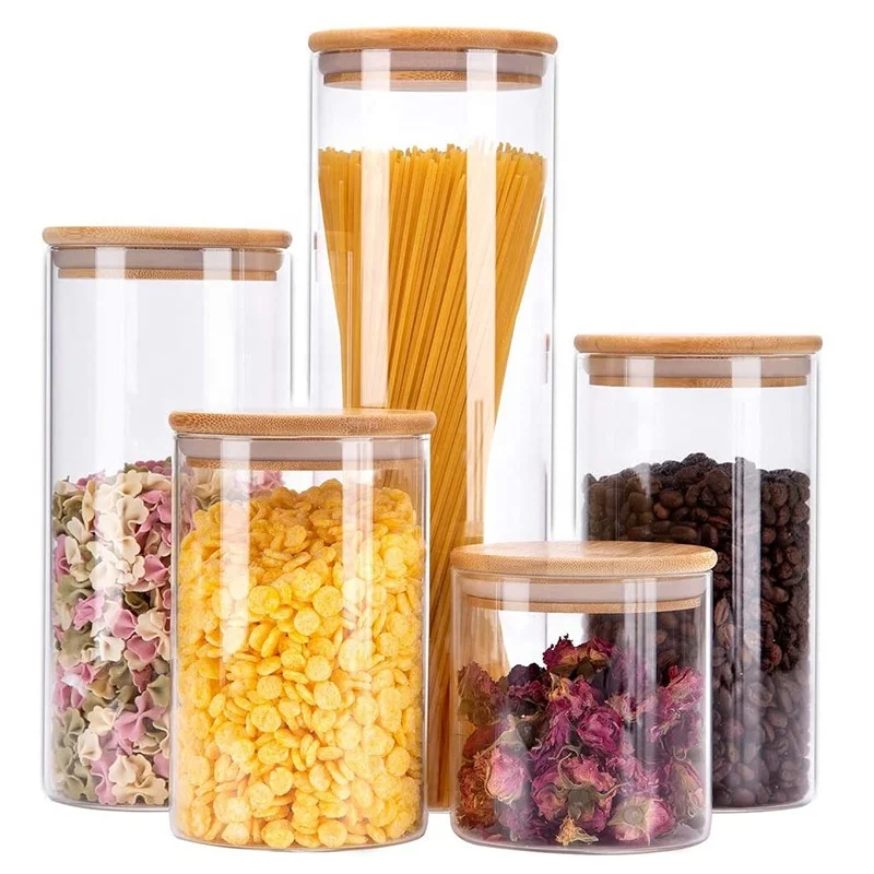 
Glass Food Storage Jars Containers Kitchen Canister With Airtight Bamboo Lids For spaghetti Coffee Flour Tea Candy Cookie Spice 