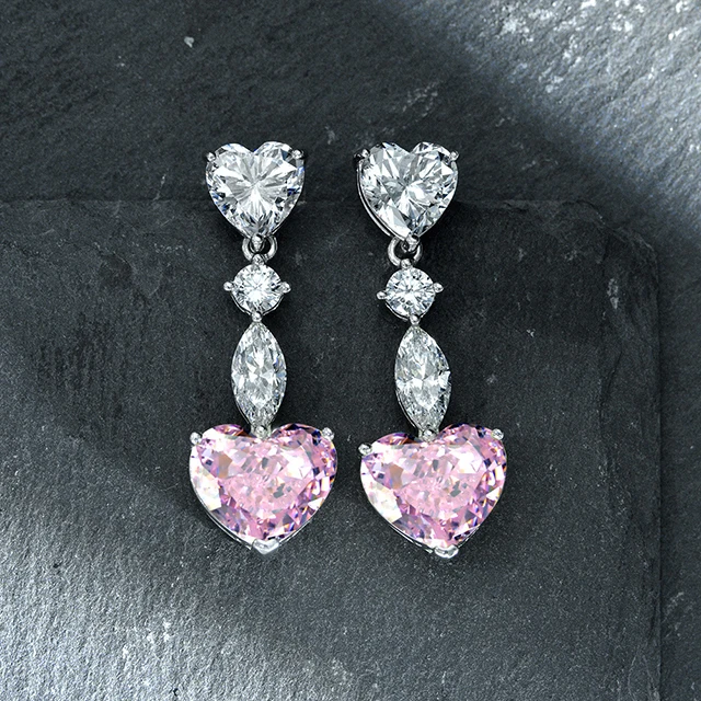 Pink Heart Earrings 925 Sterling Silver Ladies Heart Diamond Earrings