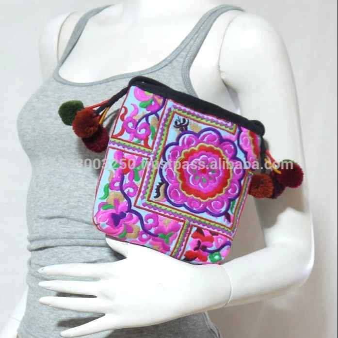 VTG HIPPIE BOHO Thai Pom Pom Handmade Embroidery Yamm Pouch hmong Hill Tribe Bag Small String Bag Messenger Crossbody U