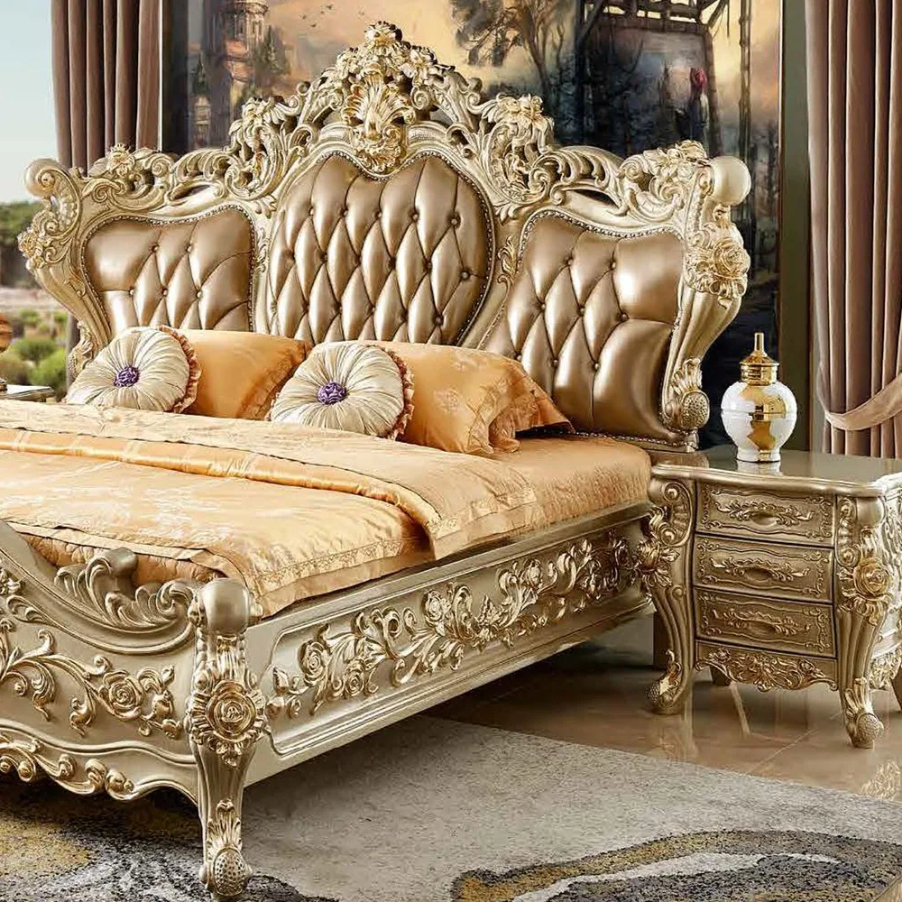 Antique Golden Bed Luxury King Size Bed European Style bedroom furniture Royal leather wooden bed