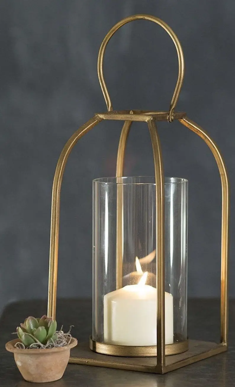 Старинные фонари с ручкой ручная работа Золотое порошковое покрытие цилиндрическим стеклом набор из 2