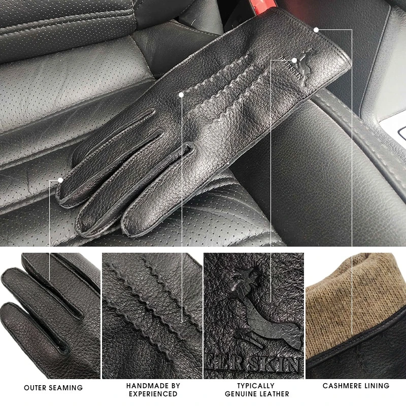 Leather gloves men Lined Deerskin motorcycle Gloves Touch Screen Driving Wool Warm Driving Gloves