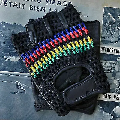 Real goat Skin leathers Retro knitted mesh Cycling Gloves Half finger Genuine Leather Black and white Back Cycling Glove