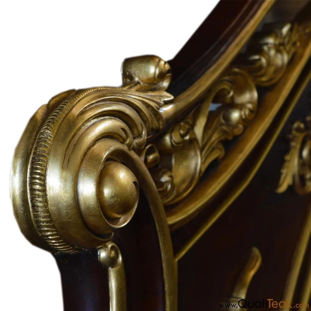 Leather Upholstered Antique Carved Mahogany Bed