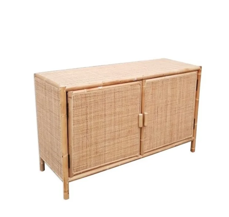 Rattan Plywood Wood Hand Crafted Living Room Bedroom Dining Natural Color Antique Rectangular Side Cabinet