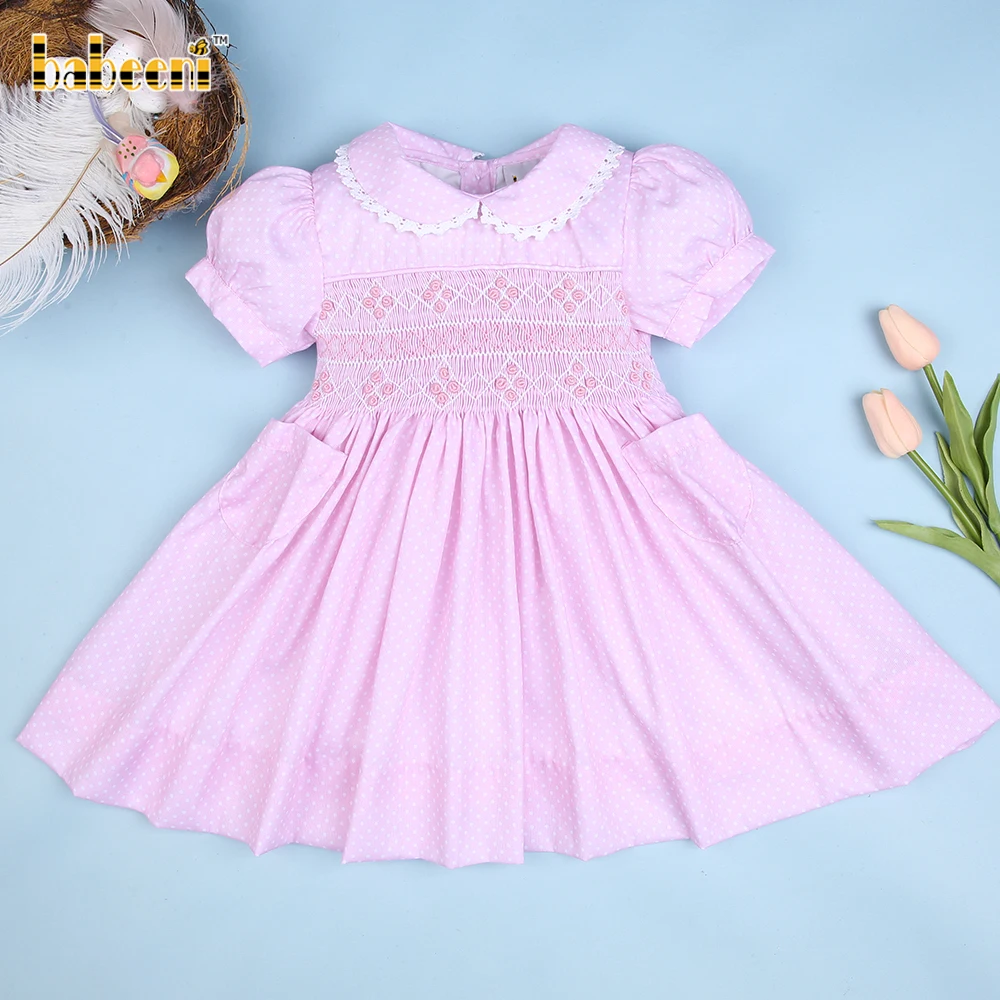 Pink polka dot geometric smocked dress for baby girl ODM kids dresses for girls wholesale baby dresses- BB2540