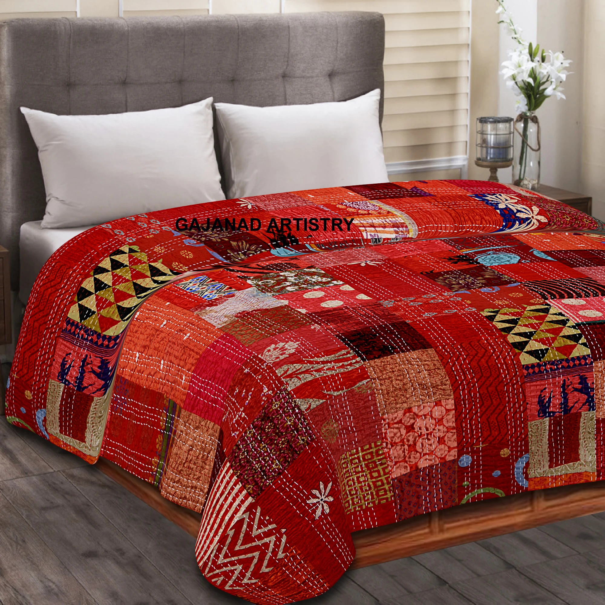 patchwork pattern queen size indian hand stitched traditional kantha quilt bedspread quilt blanket bohemian muslin voile fabric