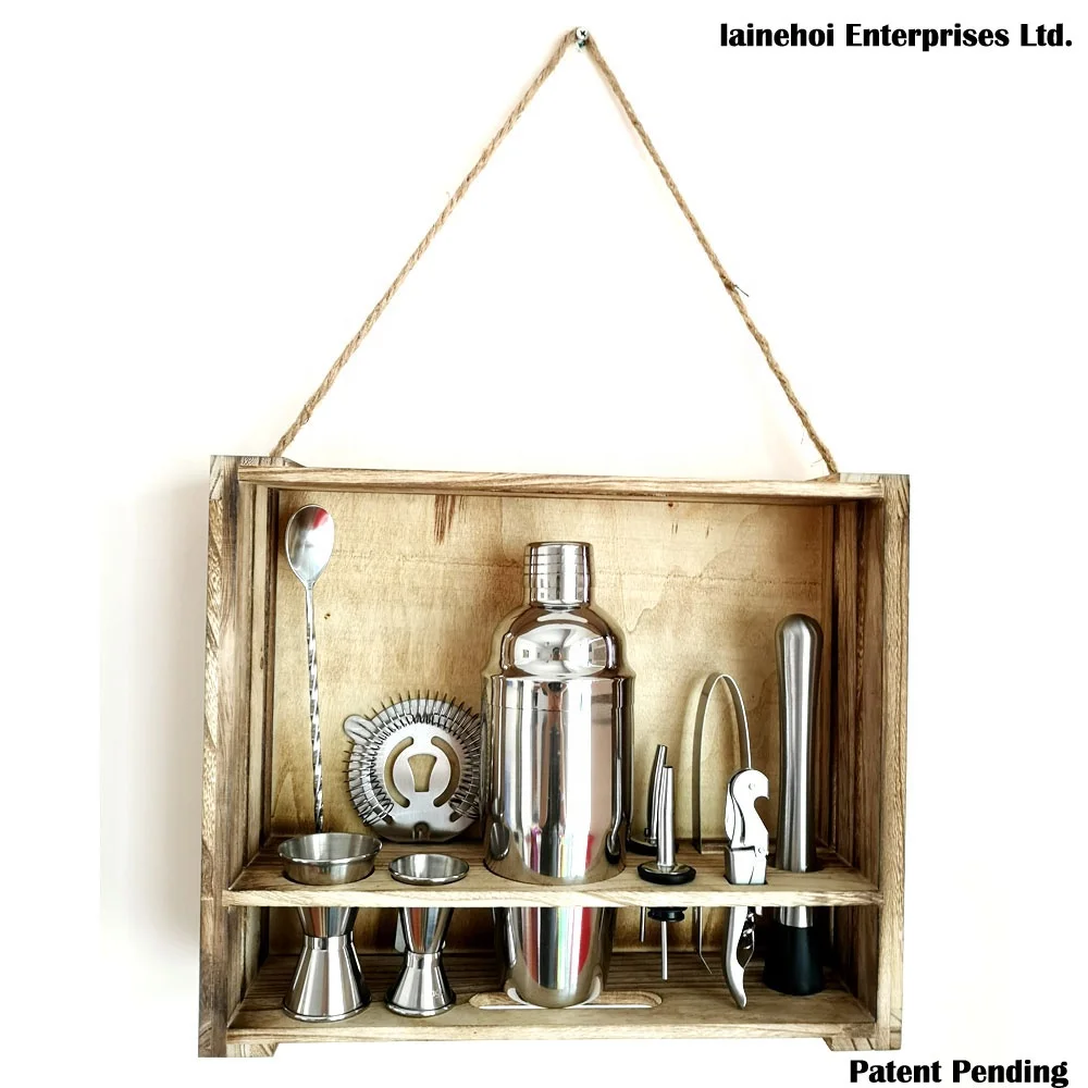 
Amazon Hot Sell Patent 11 pcs Home Bar Food Grade Rustic Wood Rack Stand Mixology Stainless Steel Cocktail Shaker set 