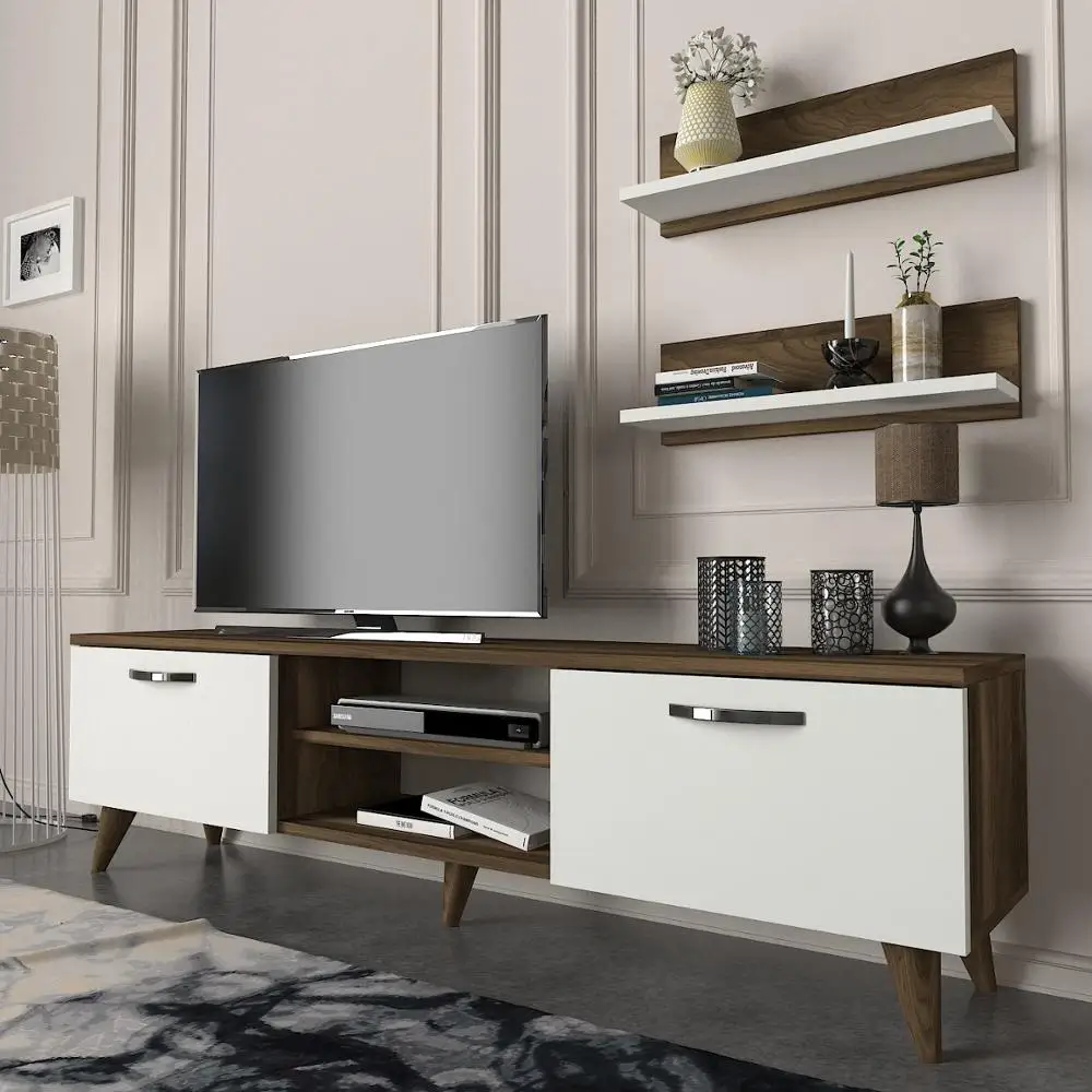 Ayden Simple Wood Tv Stand Modern Furniture White Walnut with Wallshelf