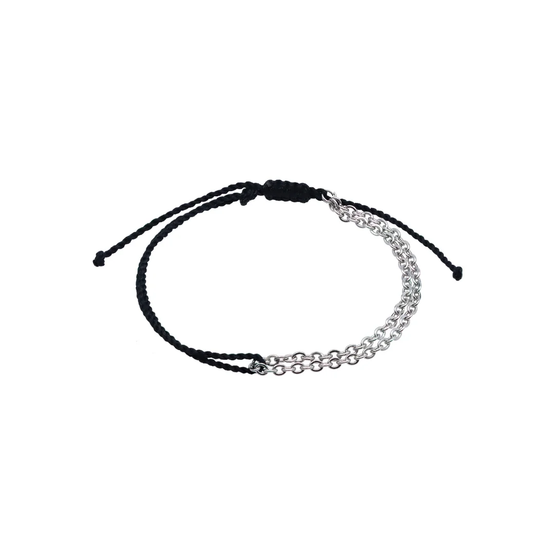 BRACELET WITH SILVER COLOR STAINLESS STEEL  CHAIN AND HANDTWISTED COTTON STRING