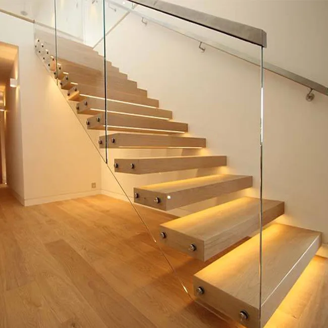 Glass Railing Wood Stair with Floor Mounted Glass Railing