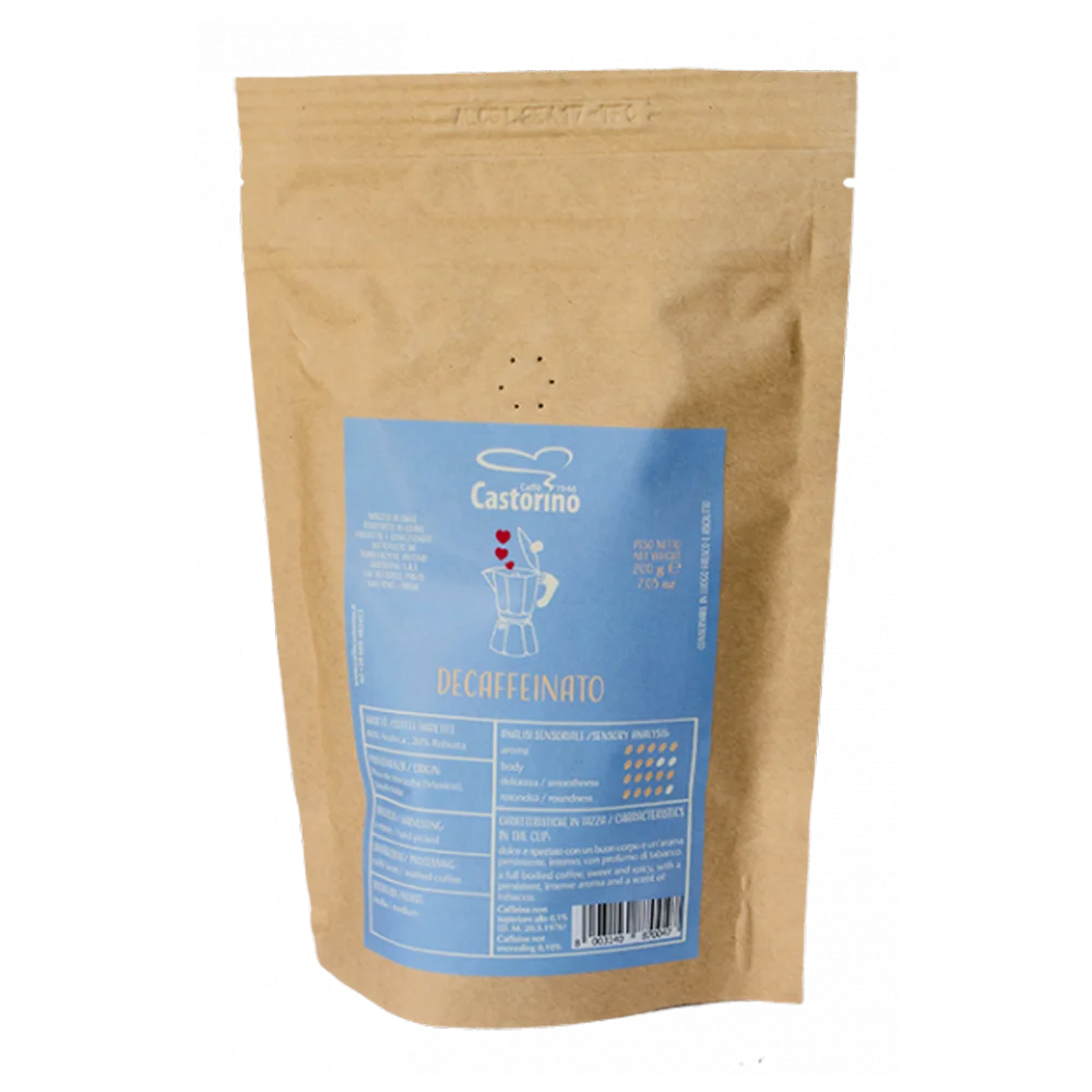 Best sell Wholesale Private Label 500 gr Doypack Bag DECAFFEINATED Whole Bean Coffee Arabica coffee Castorino for HORECA