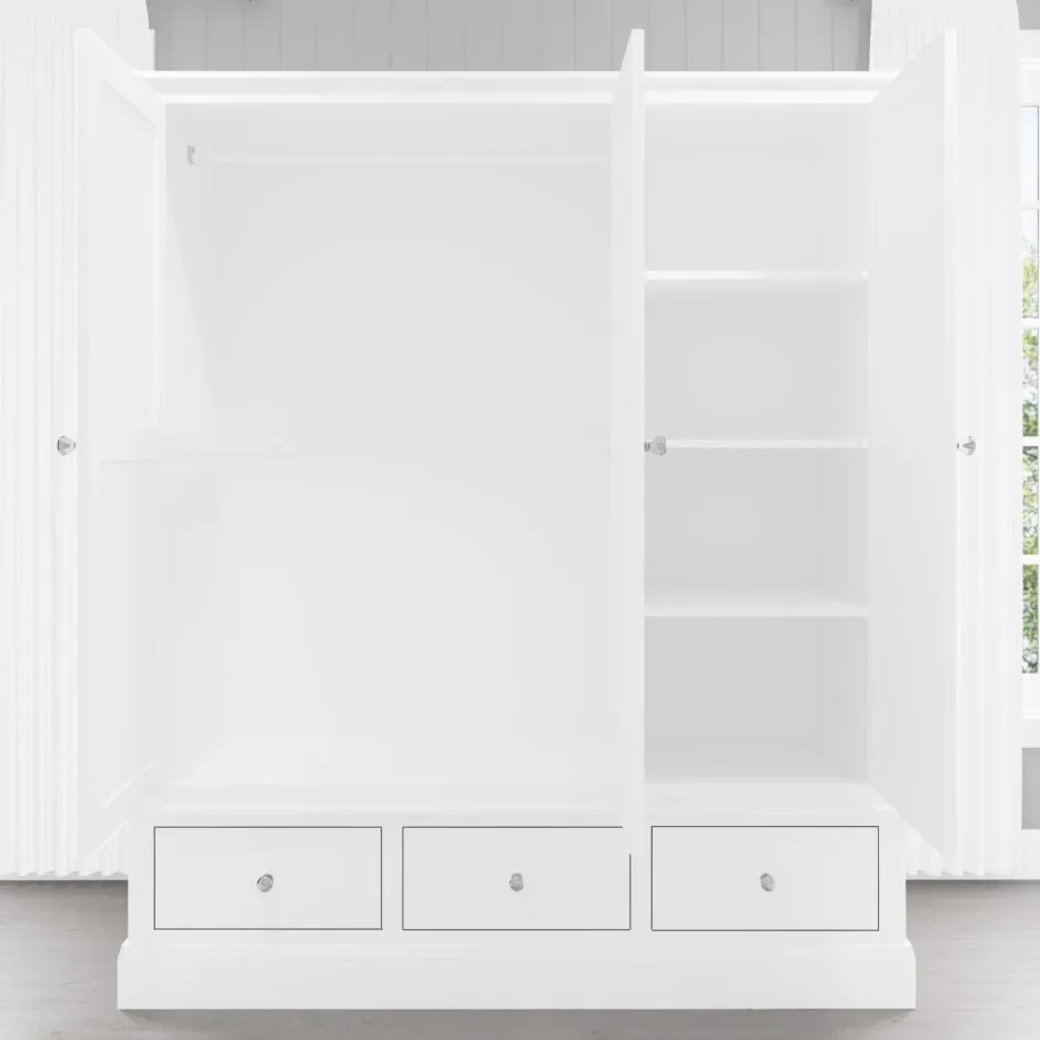 
Wardrobe 2 Doors 3 Drawers White Painted Solid Wooden Bedroom Furniture 