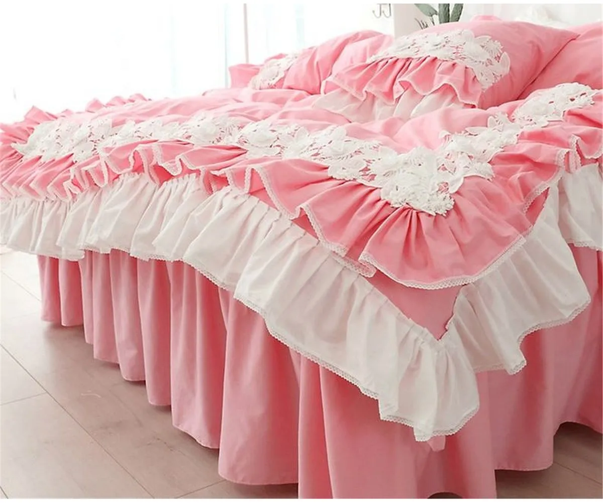 100% Cotton Soft  Double Ruffle Bedding Set flower lace Duvet Cover Set Floral Pillow Pink