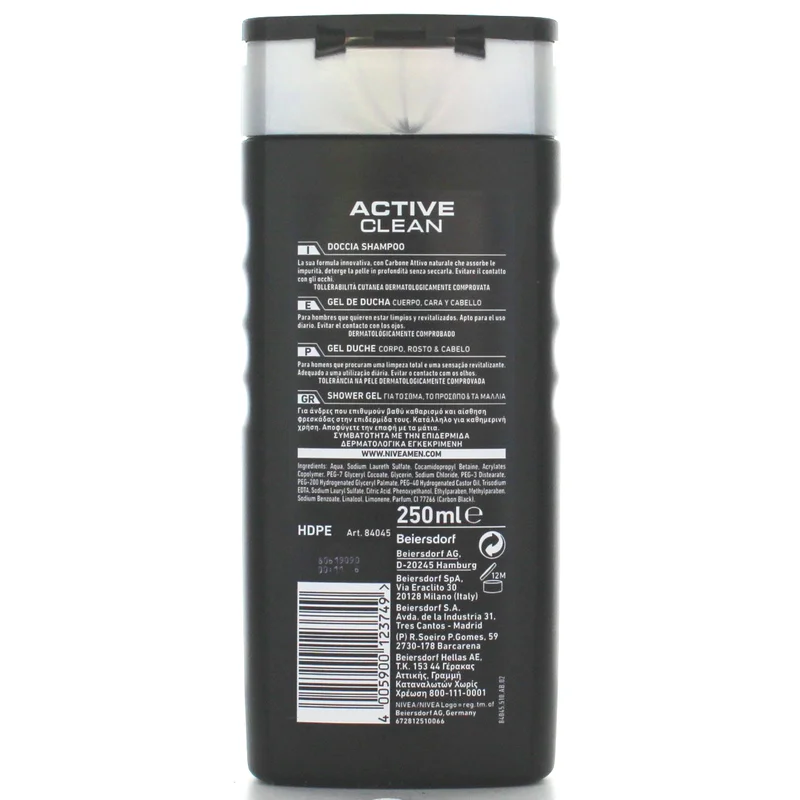 NIVEA FOR MEN SHOWER GEL AND SHAMPOO ACTIVE CLEAN 250 ML