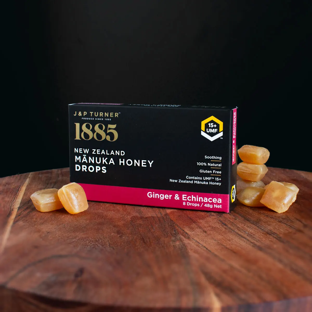 
Manuka Honey Drops Ginger and Echinacea UMF 15+ New Zealand Made 100% Natural Soothing Lozenges Candy 