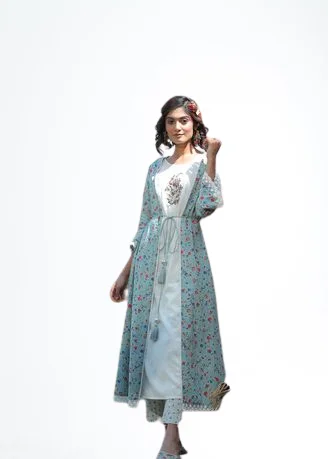 Women Jacket Style Kurta Pant Set Rayon printed Flared sleeves top Calf length Bottom Type Trouser floral layered