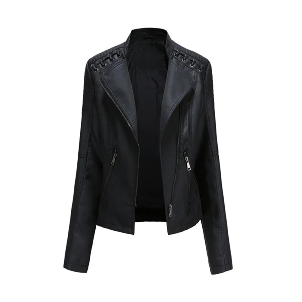 High Quality Women Faux Leather Jacket Long Sleeve Lapel Zip Up Short Coat with Pockets
