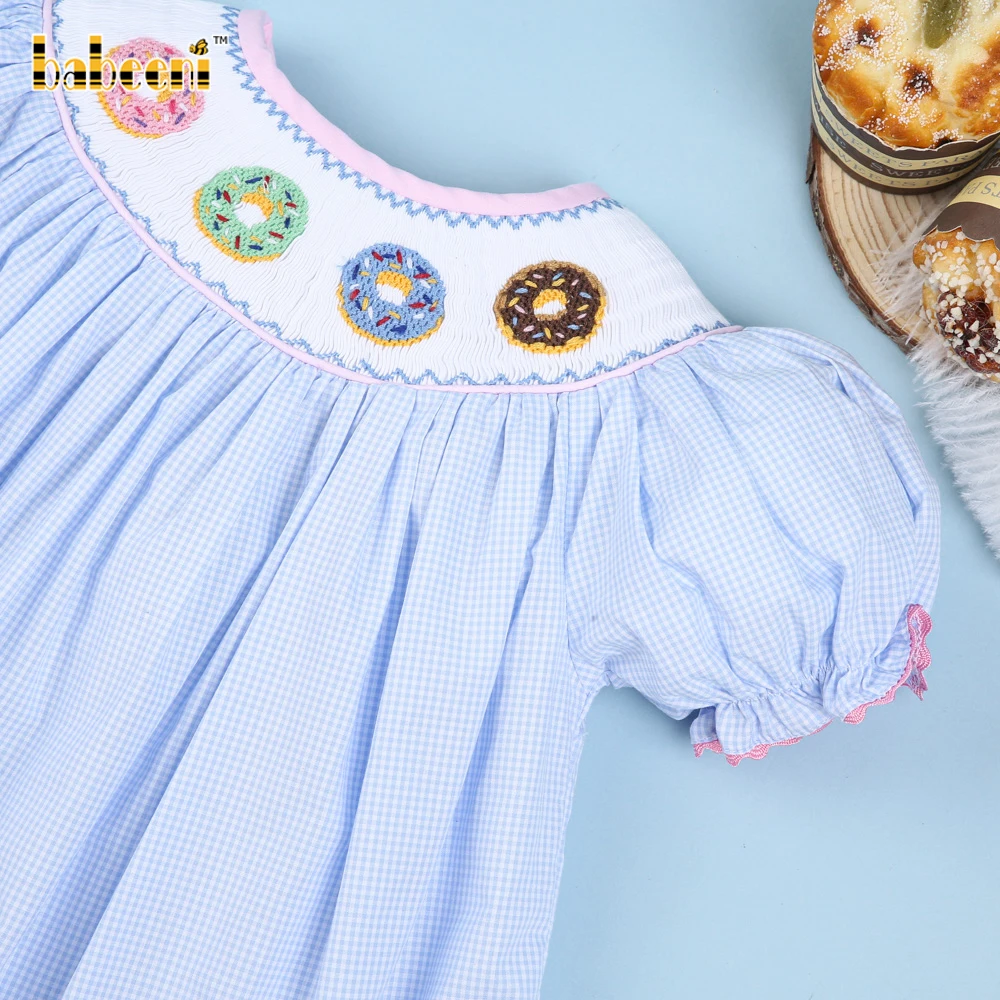 Smocked Donut Baby Blue Gingham Dress - BB1945 Children Short Sleeve Plaid Casual Long ODM 100% Cotton Puff Sleeve Girls Spring
