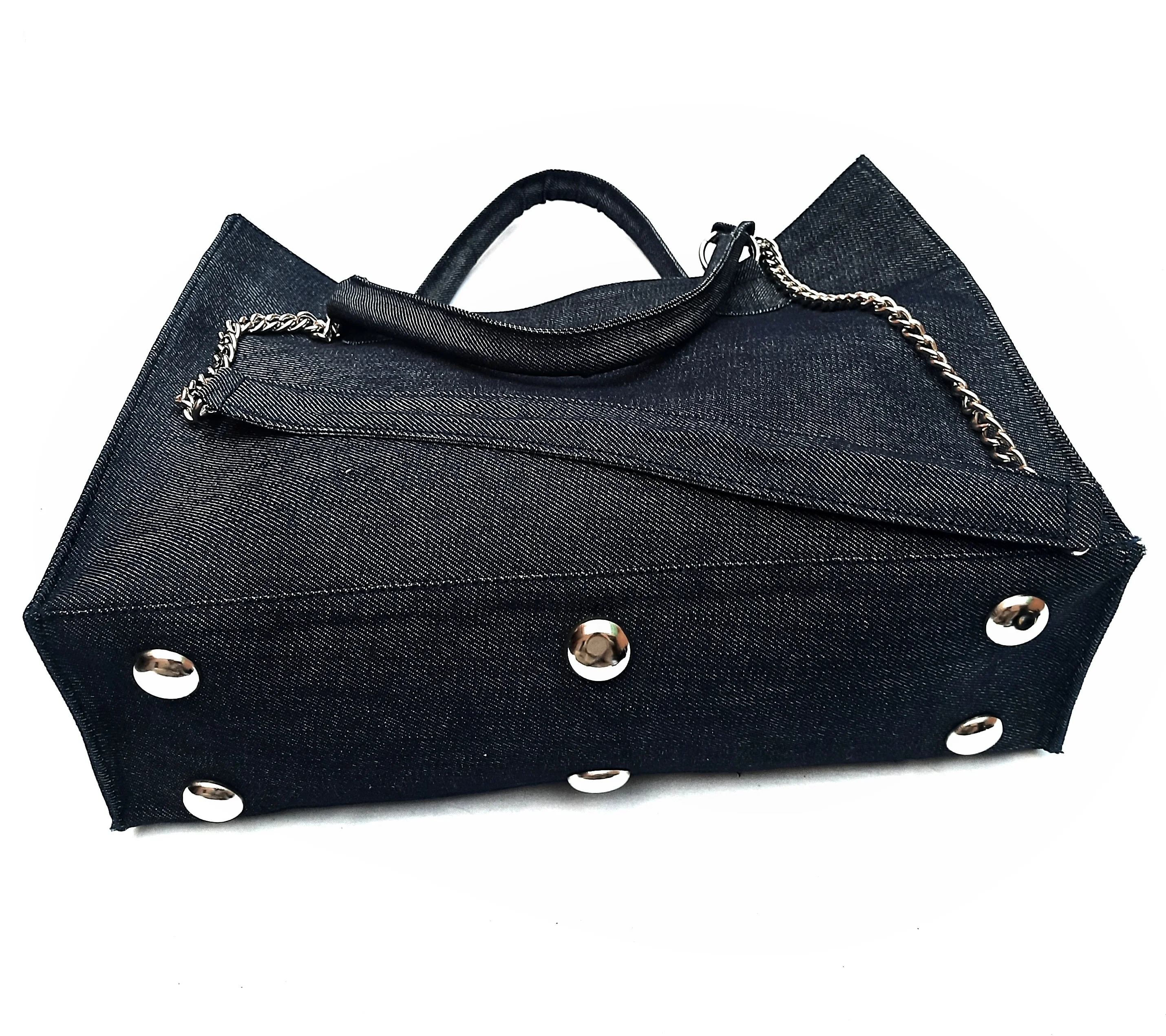 Modern Embossed Logo Blue Jeans Denim Women Handbag Large Messenger Ladies Shoulder Tote Bags Long Chain & Strap Washable Bags