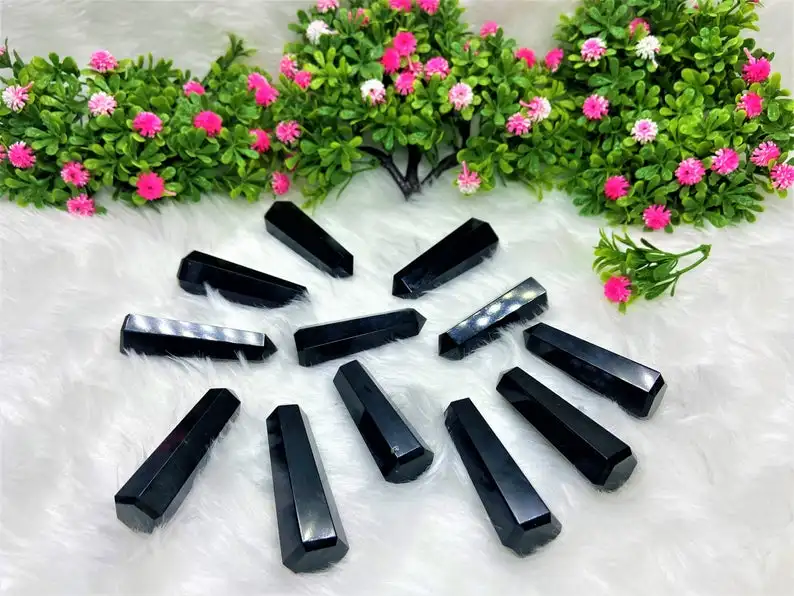 Natural Black Obsidian Point, Obsidian Tower, Black Obsidian Wand Black Obsidian Point 6 Faceted Crystal Stone Point