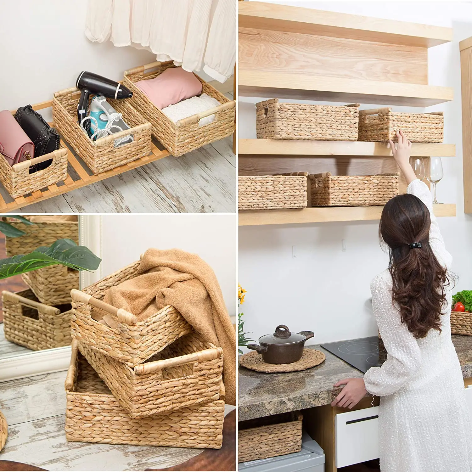 Vietnam Wicker Baskets for Storage Organizing Water Hyacinth Storage Baskets Rectangular with Wooden Handles