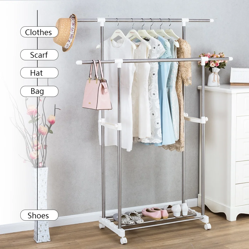 BAOYOUNI Double Rail Cloth Hanger Stand Stainless Steel Clothes Organizer Rack Rolling Wheels Garment Hanging Rack