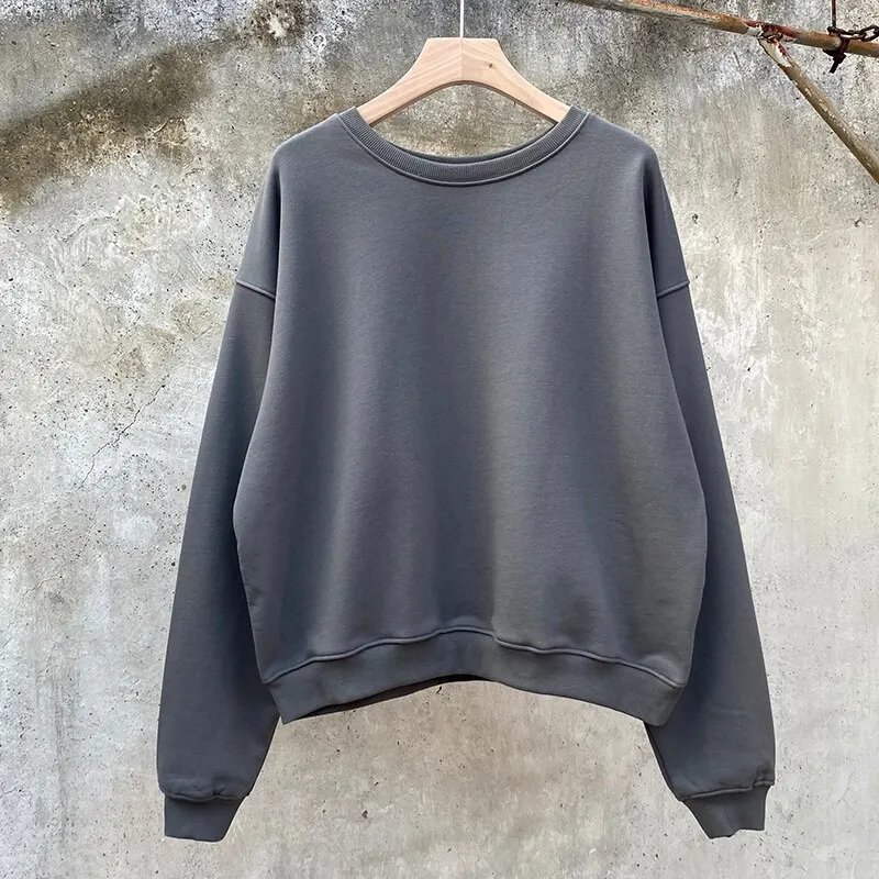 Customized Retro Solid Color Crew Neck Fleece Sweatshirts for Men and Women Oversized Streetwear Harajuku Loose