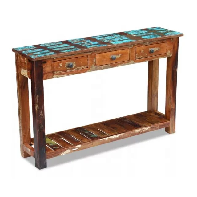 Industrial & vintage Indian old reclaimed wood 3 drawer Office Computer/Laptop Desk Console Table Living Room Furniture