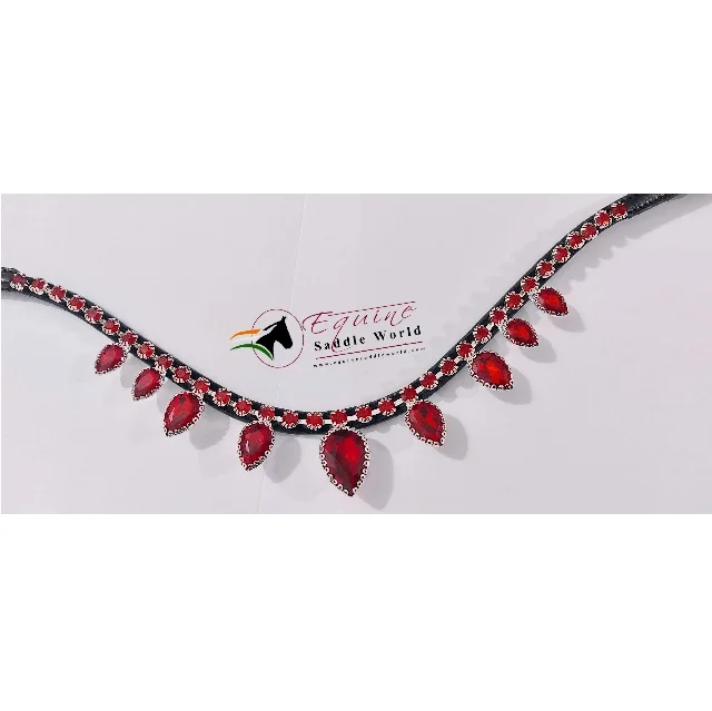 
EXPORT QUALITY HORSE BROW BAND WITH RED HANGING CRYSTALS LUXURY EQUESTRIAN WITH BACK OPEN STICKY TAPE AT LOOP. 