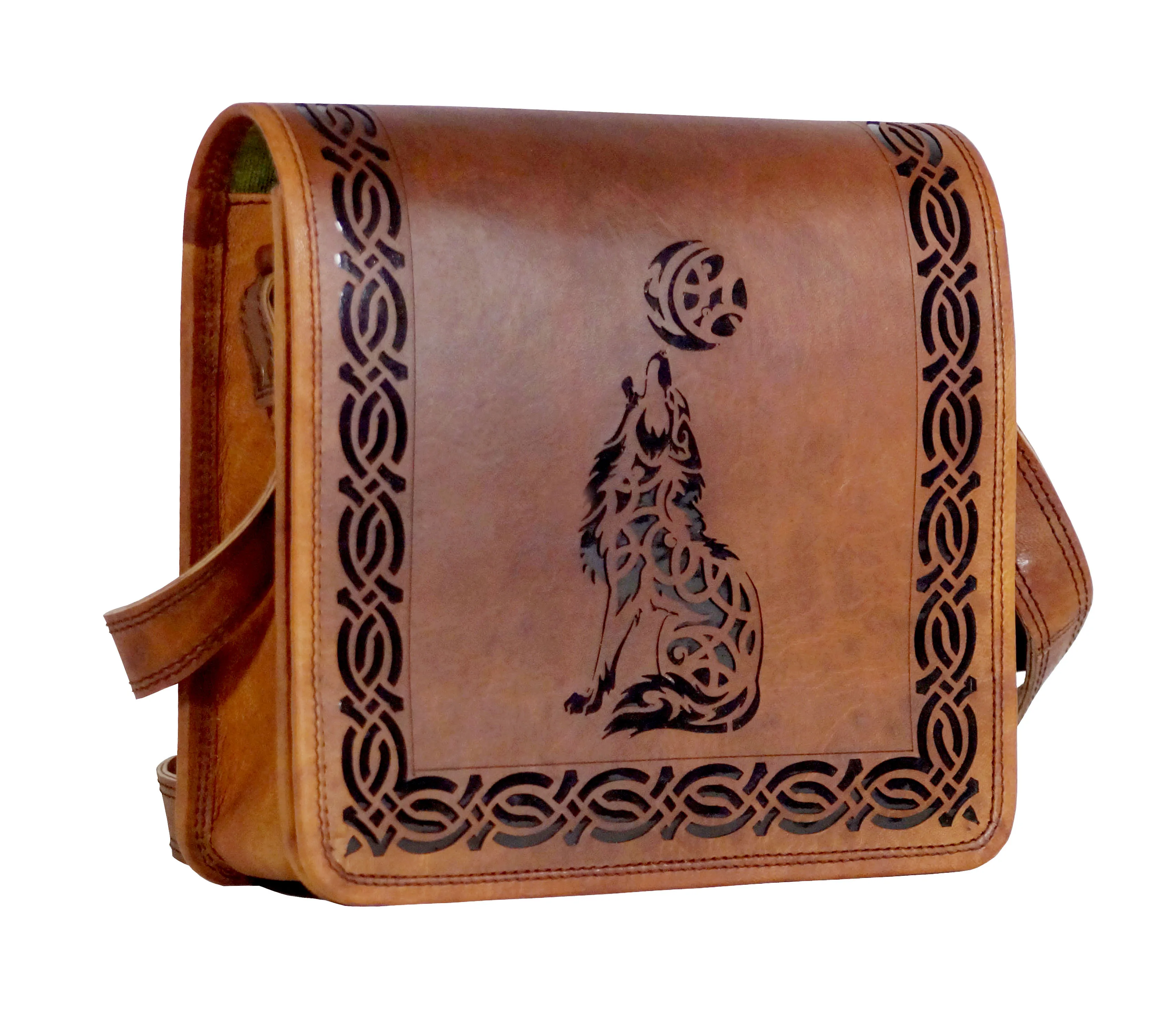 Genuine Goat Leather Woman Cut Work Wolf Design Shoulder & Travel bag
