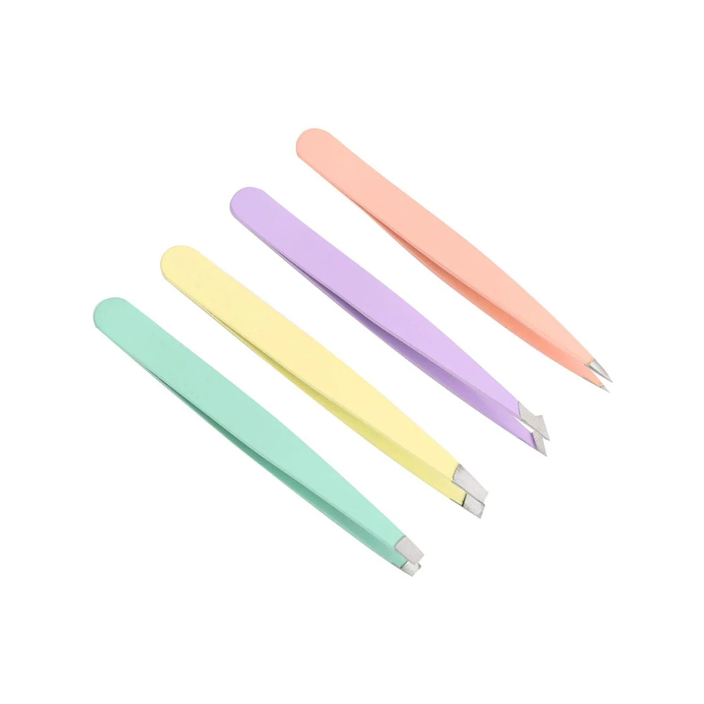 4 Piece Professional Stainless Steel Tweezers Set - Eyebrow Tweezers, Slant tip, Pointed & Straight