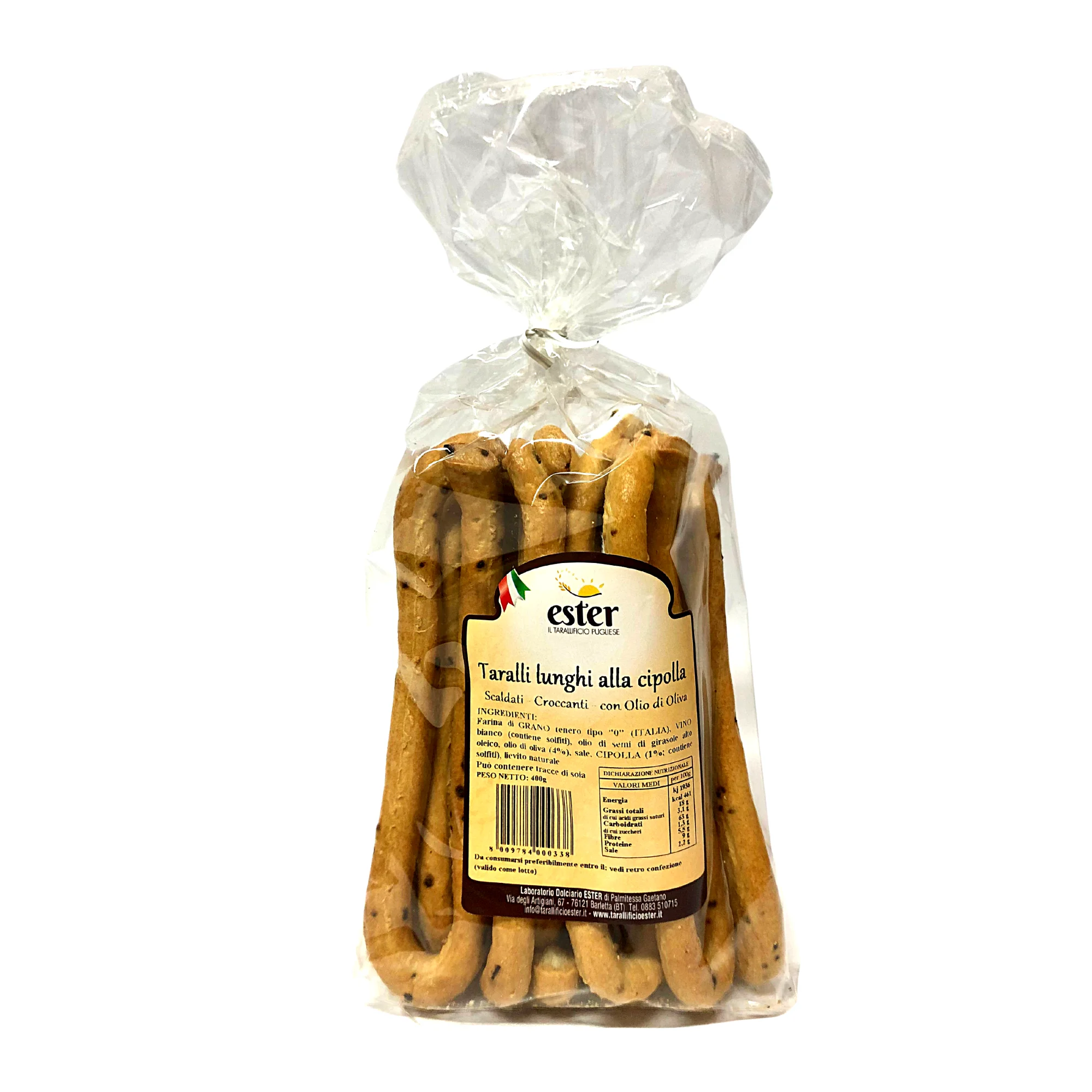 Traditional Taralli Lunghi di Barletta Ester with Onion and Italian Olive Oil for appetizer 400g