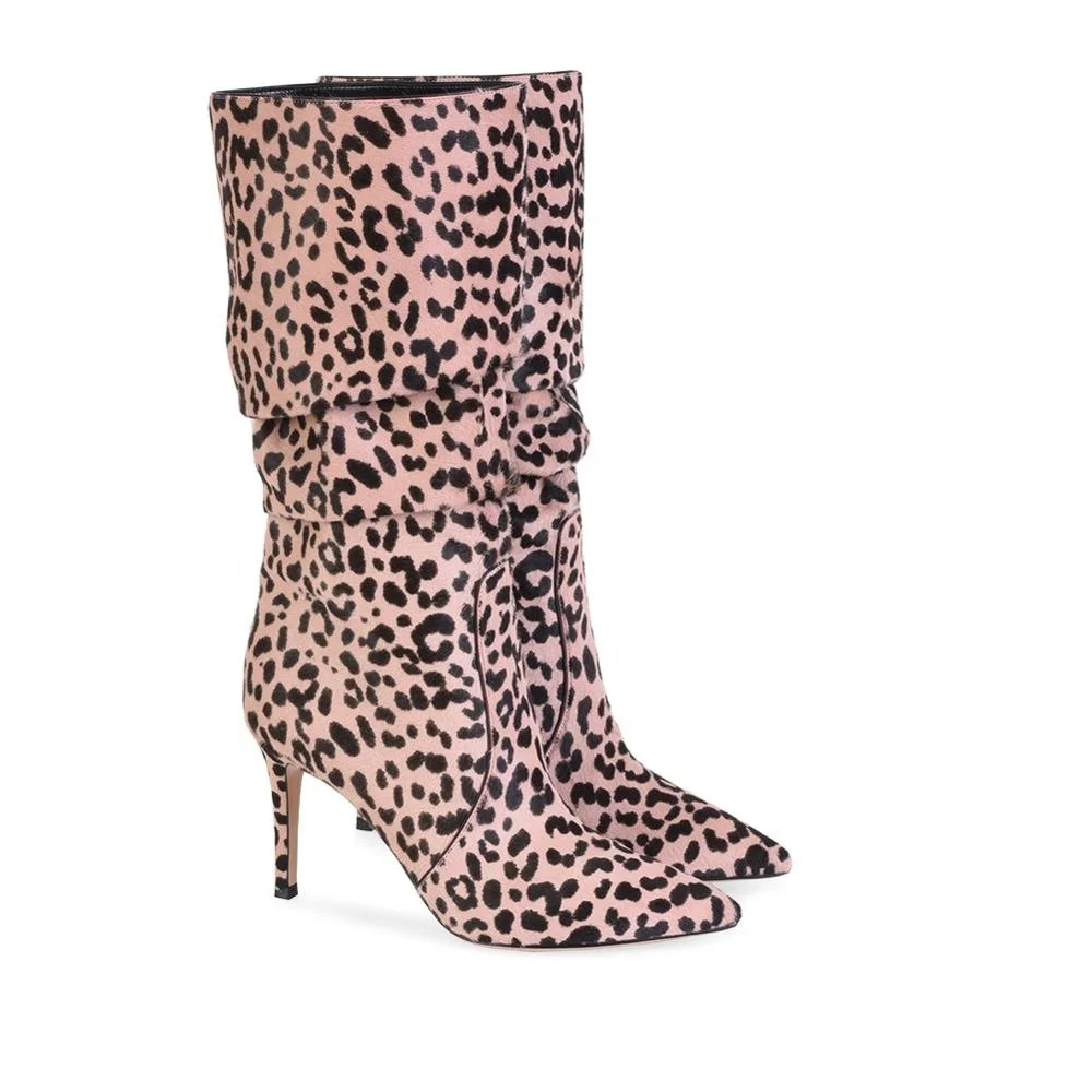 Sexy Womens High Heel Pointed toe Leopard Pony Hair Slouch Knee High Boots