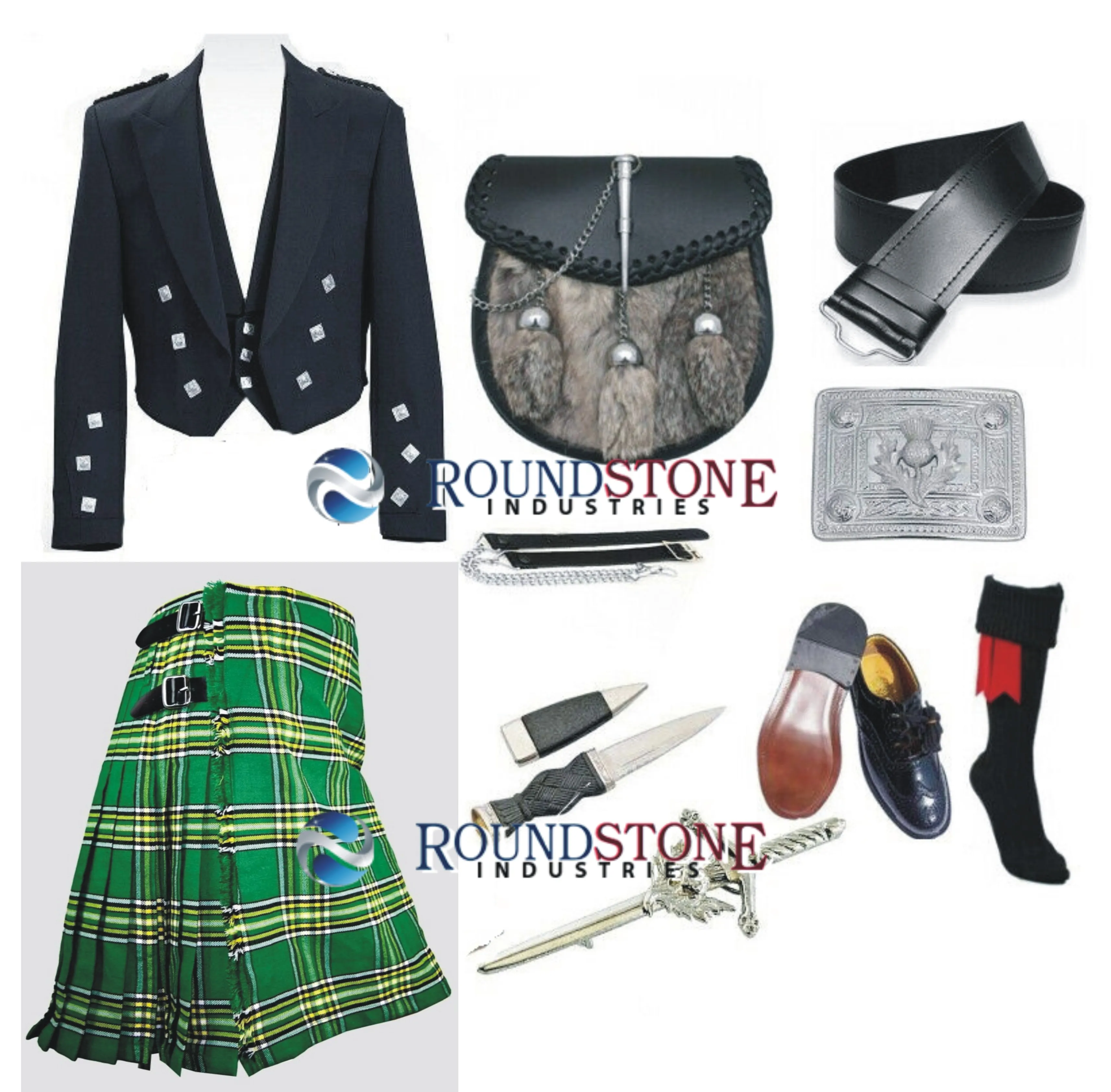 Irish National Tartan Kilt 8 Yards Kilts Outfit+Charlie Jacket+Sporran+Kilt Belt+Fly Plaid+Brooch+Shorts+Flasher+Pins