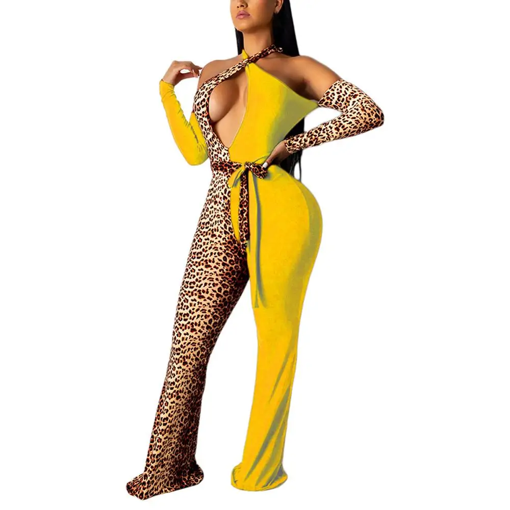 
Wholesale Sexy Yellow Leopard Patchwork Waist Knot Contouring Sensation ladies rompers 