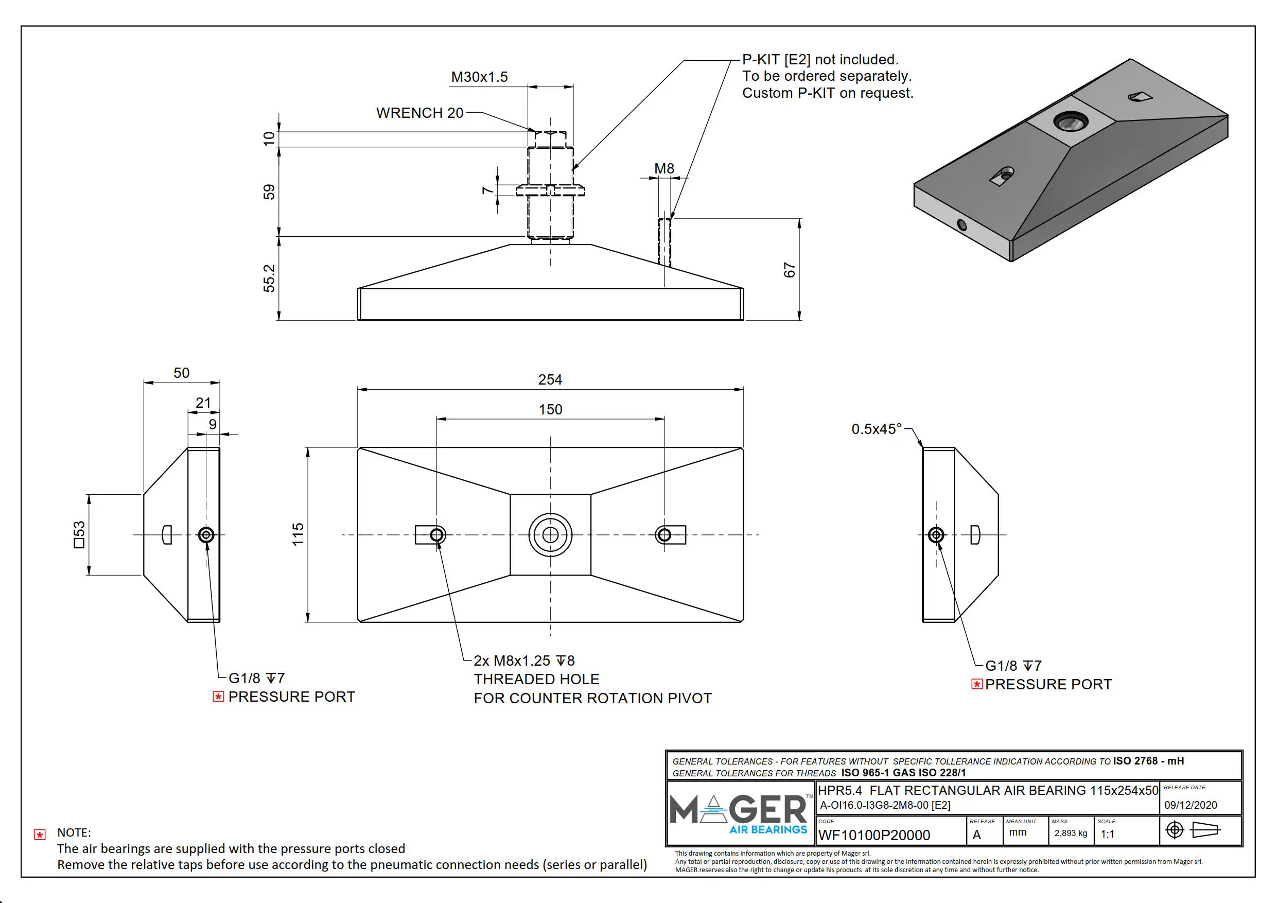 ITALY TOP QUALITY FLAT RECTANGULAR AIR BEARING HPR5.4 115x254x50