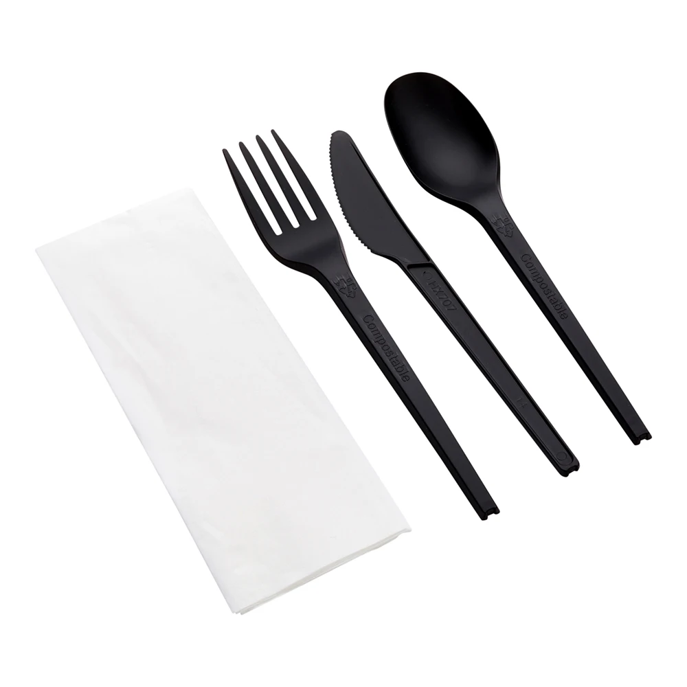 
Basic Nature Black CPLA Plastic Cutlery Set - White Napkin, Heat-Resistant, Compostable - 8 3/4