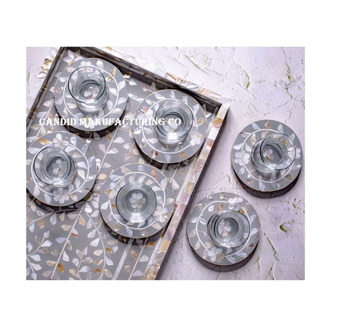Direct Factory Mother of Pearl Tray with Platter or Coasters Plates Arabic Bone Inlay Wood inlay Pearl Inlaid Serving Tray