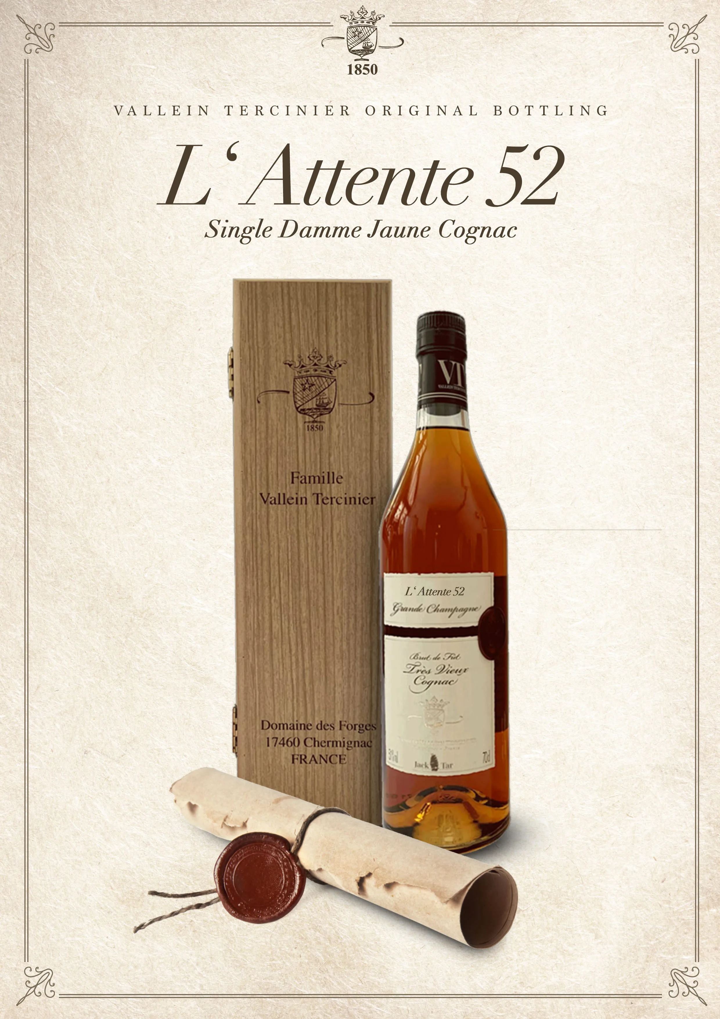 Коньяк La attente 52-желтый орех ореха-оригинальный флакон-валлеин Terecinier-43 9% об.-700 мл