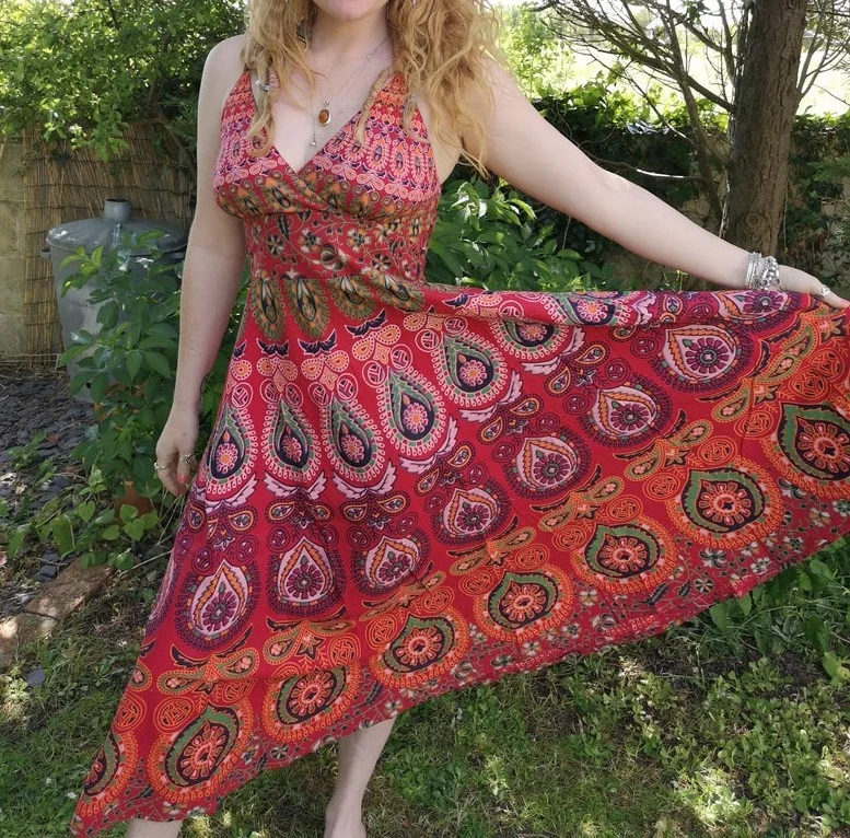 Bohemian Women Sun Dress Indian Boho Hippie Mandala Peacock Design Maxi Evening Dress