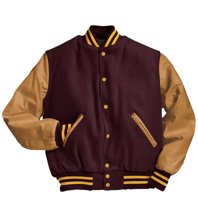 OEM custom beige leather sleeve chain chenille embroidery bomber flight baseball vintage letterman varsity jacket for men