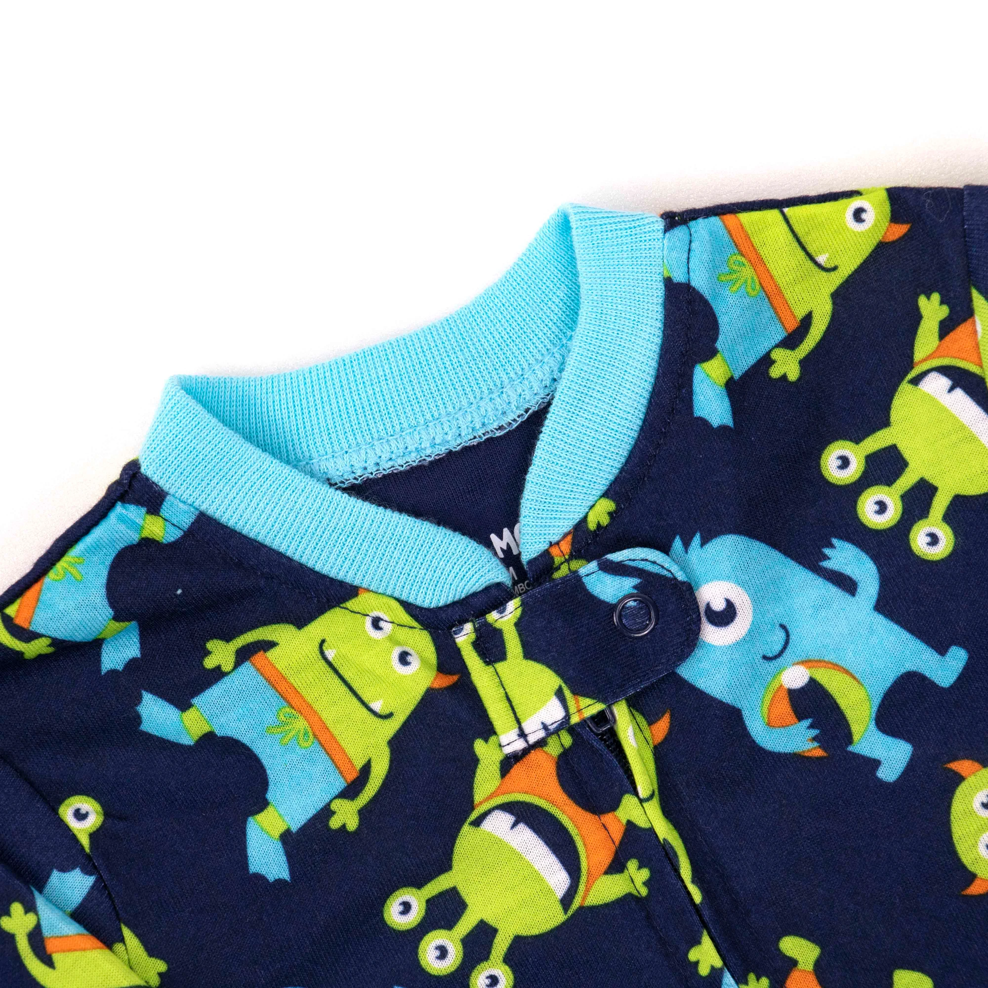 infant boys one piece monster pajamas clothes 100% polyester blue baby rompers with flame resistant