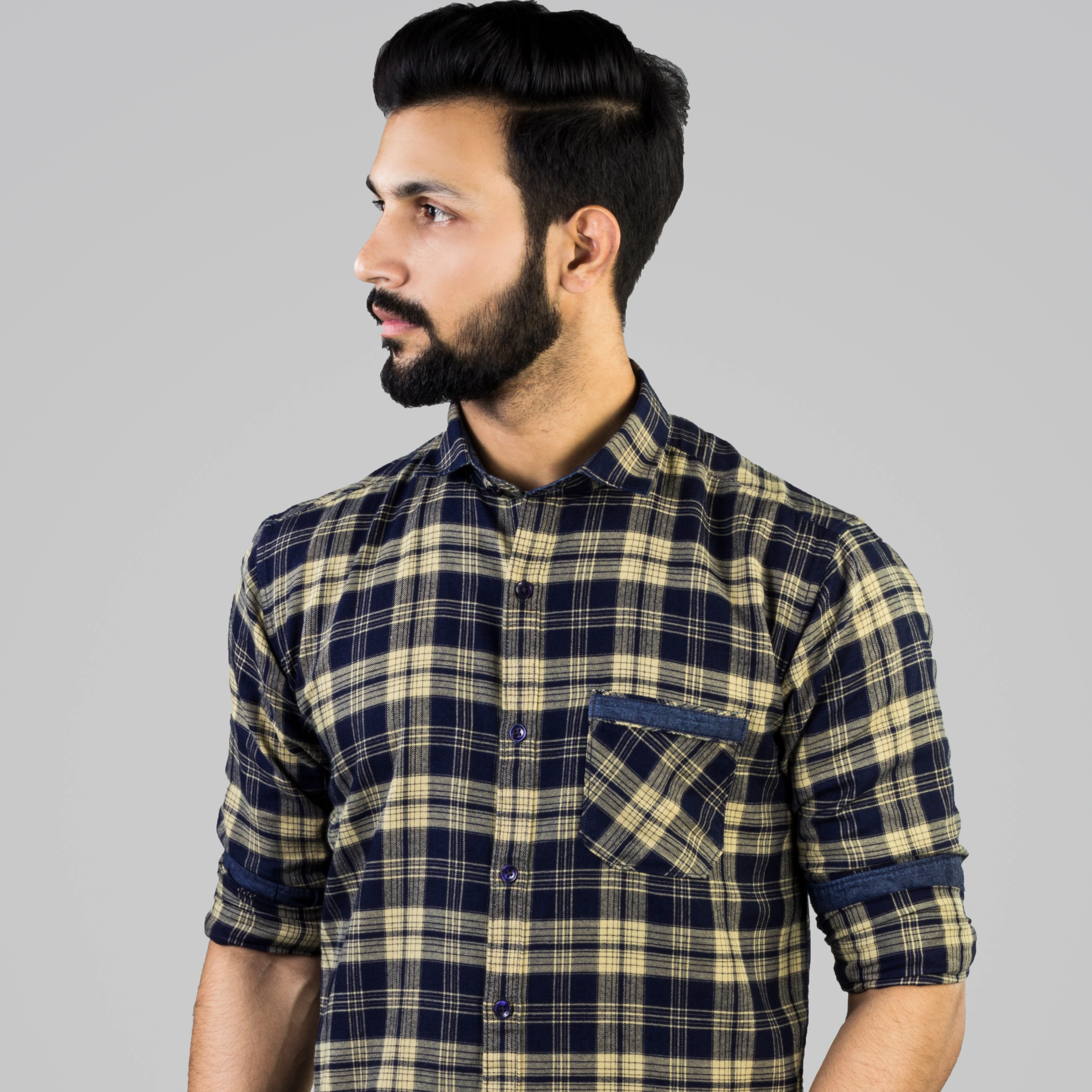 
brown indigo denim checks shirt for men 