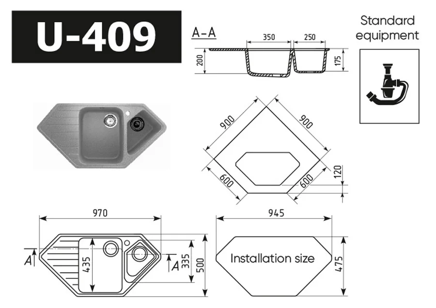 Composite  two-section kitchen sink with a mixer tap hole ULGRAN U-409