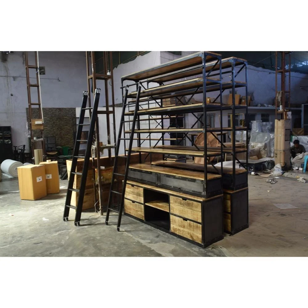 Industrial Antique American Tall Wide Iron Wooden Display Library School Collage Home Living Room BookShelf