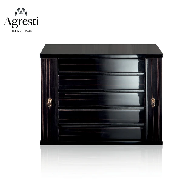 Ювелирный сундук из черного дерева с полированной отделкой, аксессуары из латуни с золотым покрытием 24 карата. Комод с 5 ящиками, два выдвижных ожерелья