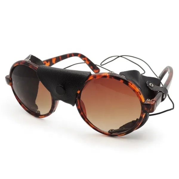 Round designer sunglasses with leather side shield